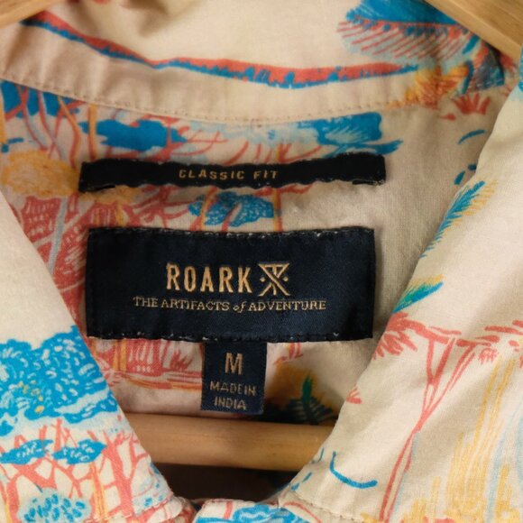 Roark Shirt Mens Medium Tan Blue Hawaiian Camp Button Up Palm Tree 100% Cotton - Picture 6 of 8